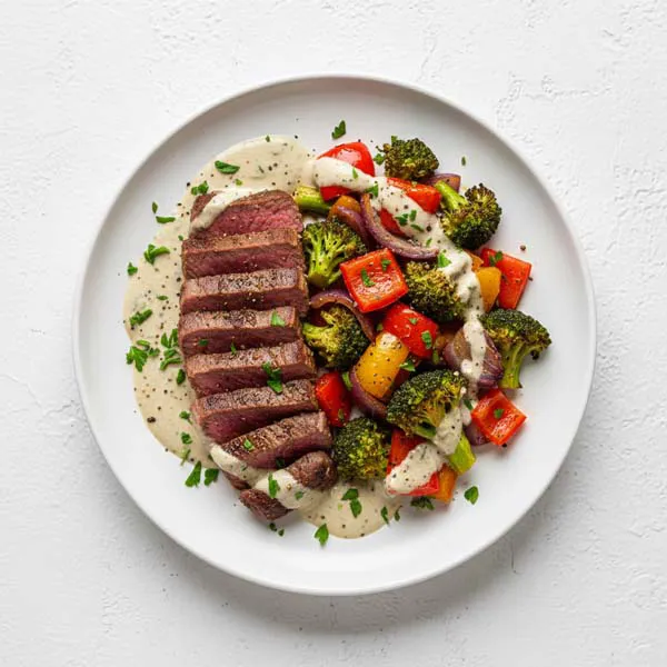 Spice Rubbed Beef  with baked vegetables and mint tahini sauce
